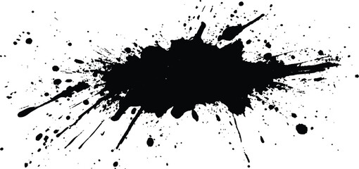 Abstract black ink splatter on white background. Black paint splash on a light background with droplets and textures Copy Space. Black paint splatter on white background for creative design projects. 
