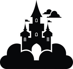 Castle on a hill at night with towers and medieval buildings in a fairy tale village silhouette