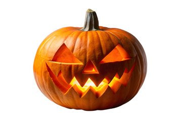 Fototapeta premium Lit Jack OLantern Halloween Pumpkin on Black Background
