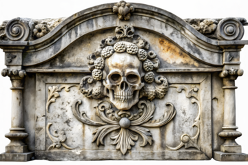 Ornate Skull Carving on Weathered Stone Tombstone Featuring Intricate Floral Details and a Gothic Aesthetic Evoking Themes of Mortality Remembrance and Historical Artistry in a