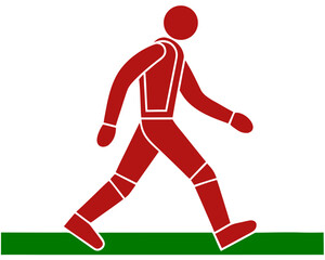 Red stick figure walking on a green line in a simplified illustration style