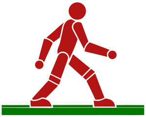 Red human figure walking on a green surface symbolic illustration graphic