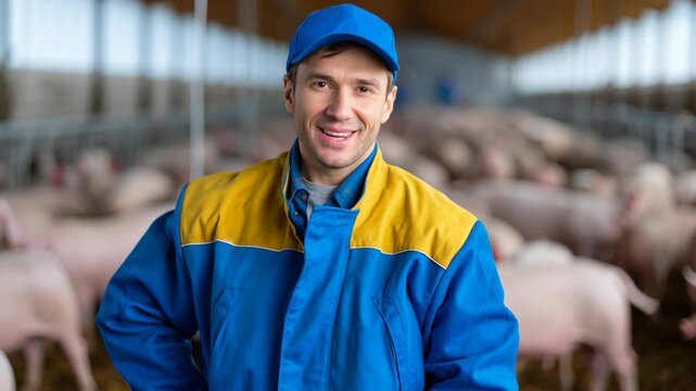 Smiling man farmer blue and yellow jacket with cap standing confidently pig farm with livestock and animal agriculture background