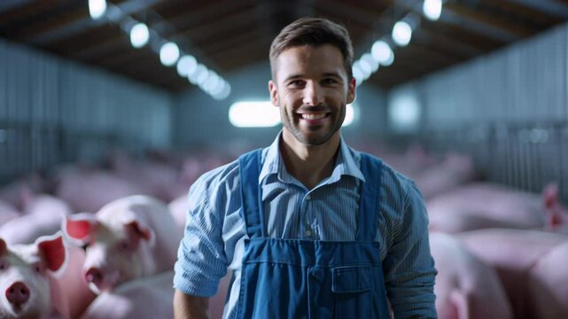 Young farmer smiling confidently pig barn with healthy livestock animals farm showcasing agriculture and animal care expertise
