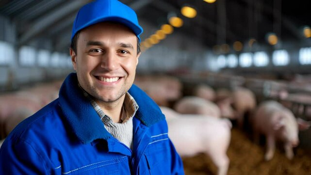 Man in blue jacket and cap smiling at pig farm with livestock and animals showing care and contentment in outdoor environment