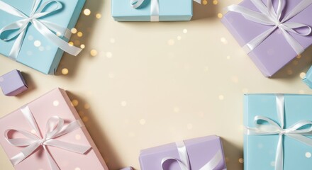 Colorful Gift Boxes on a Soft Background with Festive Bokeh Highlights for Celebrations and Special Occasions