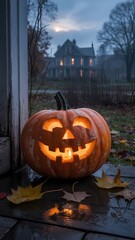 Glowing jack-o'-lantern on a rainy doorstep