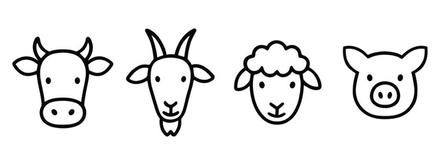 Obraz premium Farm Animal Outline Icon Set – Cow, Goat, Sheep, Pig, Hen, Goose Hand Drawn Vector Illustrations