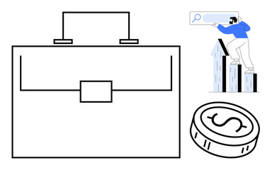 Large briefcase, man climbing bar charts and searching, coin symbolizes financial growth. Ideal for business management, strategy, financial success, career growth, analysis, investment leadership