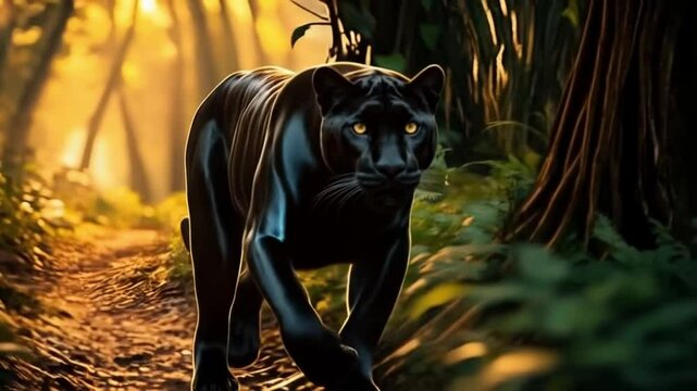 A black panther prowling through a sunlit forest path with focused yellow eyes and sleek fur coat animal video