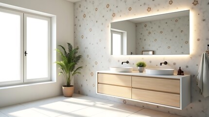 Fototapeta premium A bright modern bathroom with a double vanity and large window