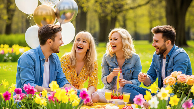 Pique-nique joyeux entre amis au printemps