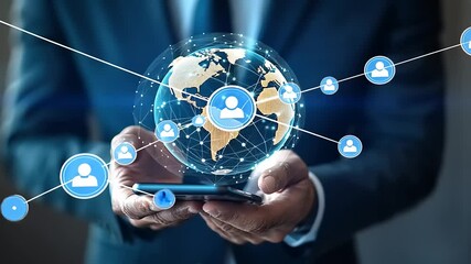 Businessman holding smartphone with global network icons and connections in a modern office setting - Powered by Adobe