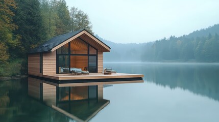 Fototapeta premium Serene Lakeside Cabin with Reflection, Tranquil Atmosphere, and Misty Landscape