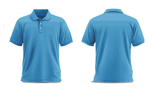 Modern Vector illustration of a blue polo shirt with a standard collar and three buttons on the front, Blank collared blue shirt mock-up template, front and back view, easily editable and scalable.