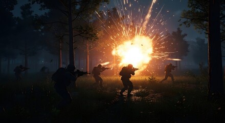 Fototapeta premium Soldiers Engaged in Combat in Forest During Explosion