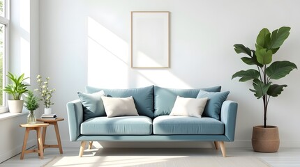Naklejka premium A modern living room interior features a comfortable sofa and contemporary furniture, creating a luxurious and inviting home design
