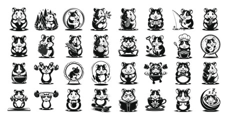 Black and white cartoon hamster character set performing various cute activities hobbies and emotions in vector style on white background