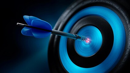 Blue dart arrow hitting bullseye on target with glowing center, symbolizing precision and success on blue and black background - Powered by Adobe