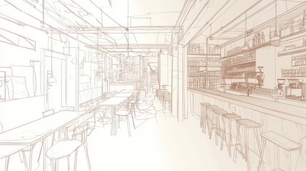 Fototapeta premium Architectural sketch of a cafe interior design.