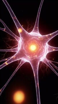 Glowing Purple Neuron Cell with Nerve Fiber on Black Background 3D