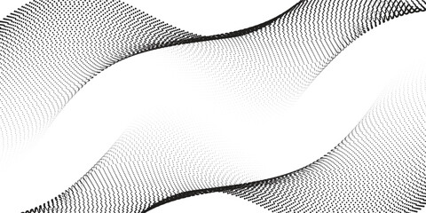 Dotted wave line background. Black halftone undulate pattern. Abstract particle flow wave wallpaper. Curved dashed gradient net design element for poser, banner,  modern background