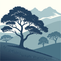 Nature landscape with flat trees and mountains