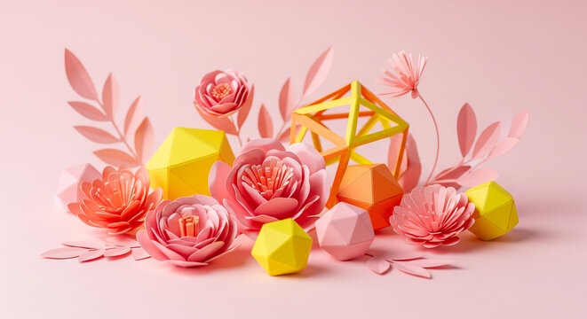 A beautiful arrangement of pastel paper flowers and geometric shapes on a soft pink background