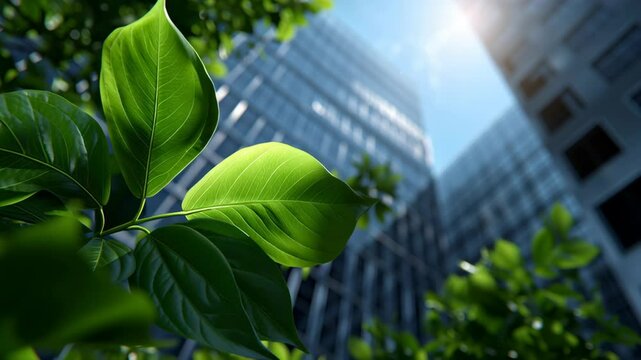 Green leaf close up under sunlight with modern glass office building background in urban nature environment scene