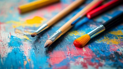 Artistic workspace showcasing paintbrushes and colorful painting surface