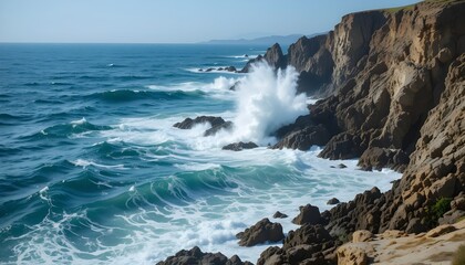 a rocky coastline with ocean waves crashing against jagged cliffs, captured with sharp clarity and fast shutter speed to freeze water droplets in motion -