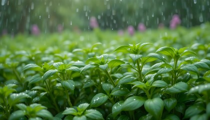 Obraz premium Rain Falling on Green Basil Herbs – Fresh Spring Nature Scene with Dewy Leaves, Refreshing Rainy Weather, and Vibrant Garden Growth in Natural Outdoor Setting