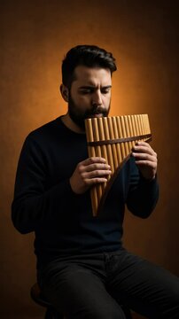 Portrait of a Man Playing Panpipe Woodwind Instrument Folk Music