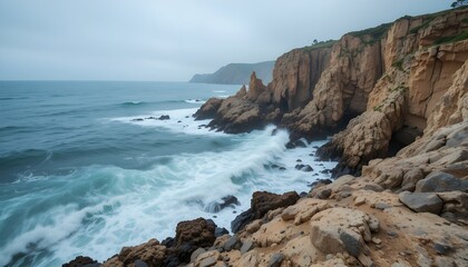 a rocky coastline with ocean waves crashing against jagged cliffs, captured with sharp clarity and fast shutter speed to freeze water droplets in motion -