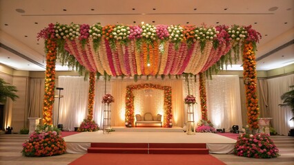 A beautifully decorated wedding stage is adorned with colorful flowers, creating a luxurious and festive atmosphere for the celebration