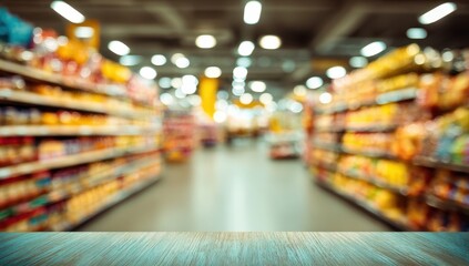 Blurred supermarket aisle with shelves of food (3)