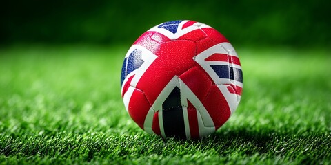 A football with a Union Jack design resting on a green pitch