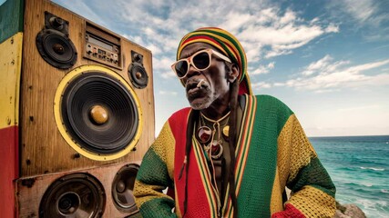 Elderly man wearing colorful reggae attire stands beside large speaker, enjoying music by the ocean, with vibrant sky and waves in the background, embodying a joyful and relaxed atmosphere