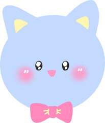 Cute Blue Cat Face Character with Pink Bow Tie – Hand-Drawn Animal Illustration PNG