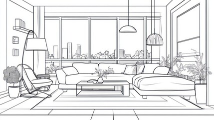 Interior sketch of a modern living room with city view.