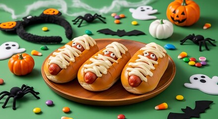 Three Mummy Hot Dogs on Wooden Platter; Festive Halloween Food Photography; Playful, Spooky, Delicious Treat; Candy, Pumpkins, Spiders, Ghosts.