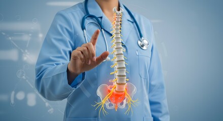 A female doctor highlights a glowing lumbar spine and pelvis, depicting back pain and nerve issues. Medical concept for orthopedic care.