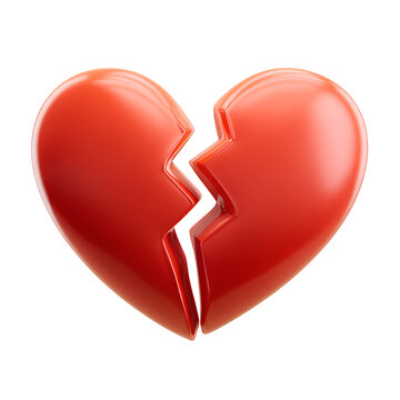 3D Broken Heart Emoji with Split Center Symbolizing Heartbreak Isolated on Transparent White Background


