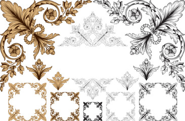 Decorative design set featuring flourish borders, corner elements, and frames, ideal for invitations, menus, and page embellishments. Perfect for enhancing layouts with elegant vector details.