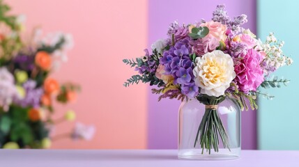 Fototapeta premium Stunning floral arrangement preserved in a decorative glass cloche, pastel background
