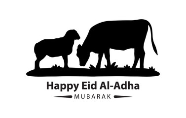 Animal vector silhouette illustrations including farm animals like cow for Eid al-Adha greeting design image for sacrificial animals