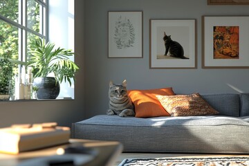 Interior design of a modern Scandinavian apartment, featuring a living room with a gray sofa and sleek home decor, Generative AI