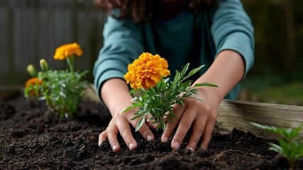 Child planting marigold flower garden soil with hands nurturing vibrant orange petals and green leaves, showing care - Powered by Adobe