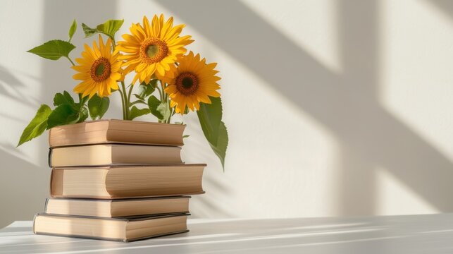 Tower of books sprouting vivid sunflowers on a minimalist studio set