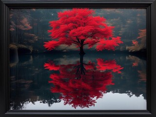 Autumn Reflections: Crimson Tree in Black Frame, Upscaled for Vivid Fall Detail. Perfect for        